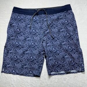 BYLT Coastal Board Short Swim Trunks Mens Medium Navy Blue Wave Print  8" Inseam